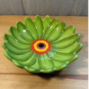 Clay Art Green Flower Serving Bowl 8” Scalloped Ceramic Dish